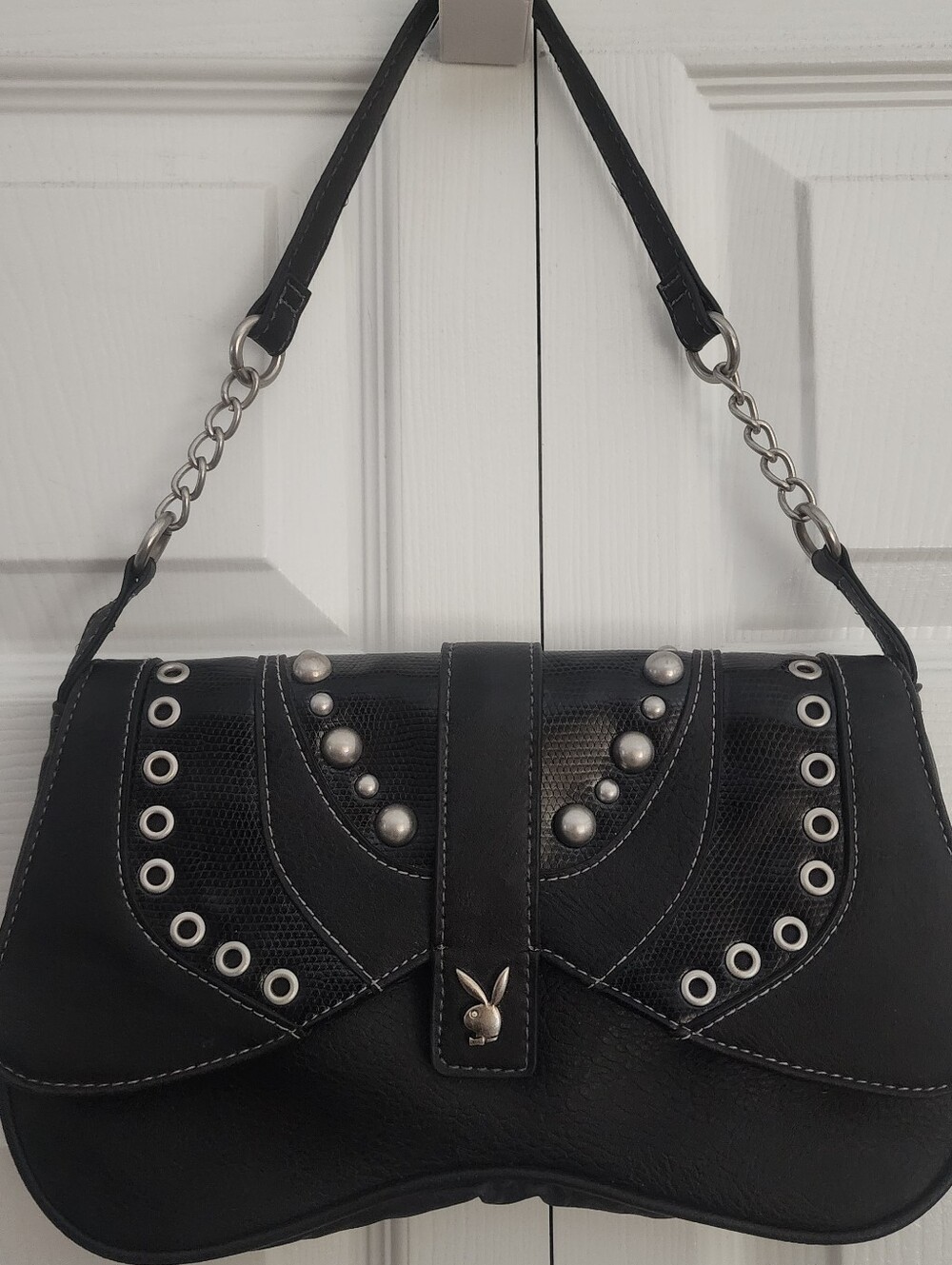 PLAYBOY Y2K Black Shoulder Grunge Bag w/ Silver Tone Grommets And Studs - Picture 1 of 11